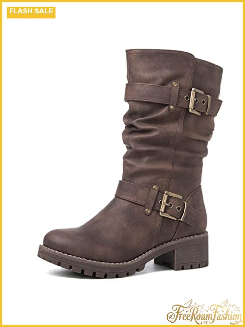 Faux Leather Mid Calf Moto Boots With Buckle Straps Low Block Heel